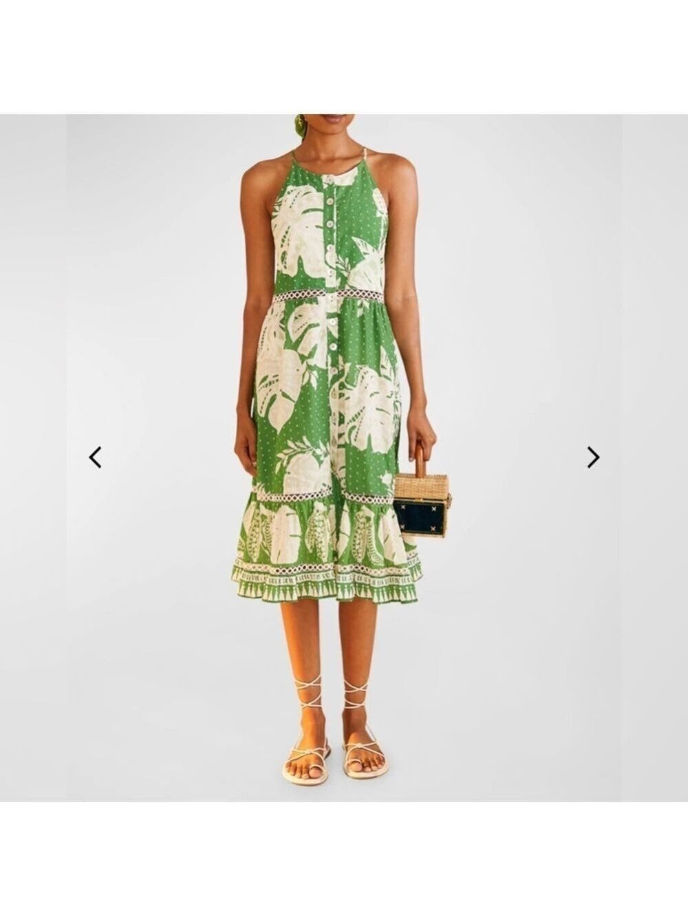Farm Rio Lace Monsteras Embroidered Ruffle-Hem Midi Dress